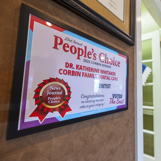 Framed certificate for Doctor Katherine Whitaker for winning the Corbin People's Choice Best Dentist award