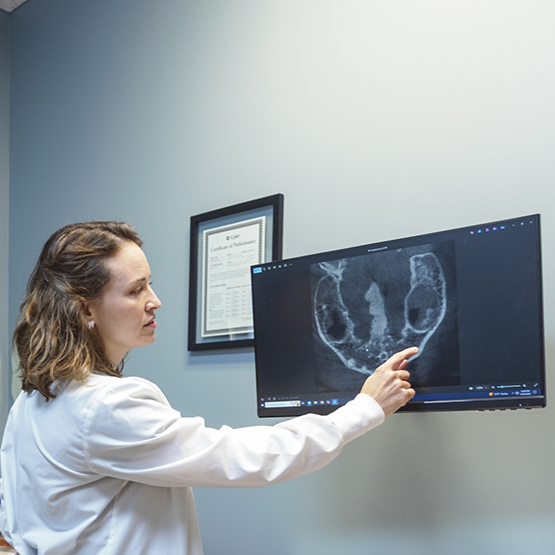 Doctor Whitaker pointing to an x-ray of a patient's jawbone