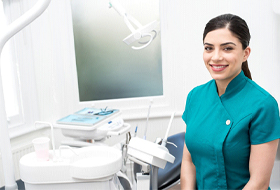 dental assistant smiling in front of treatment chair 