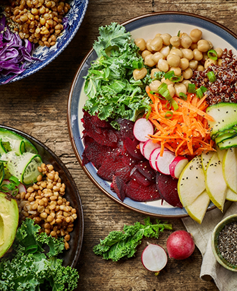 Table with plates of healthy foods