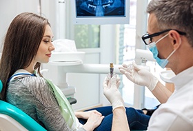 dentist showing patient dental implant in Corbin